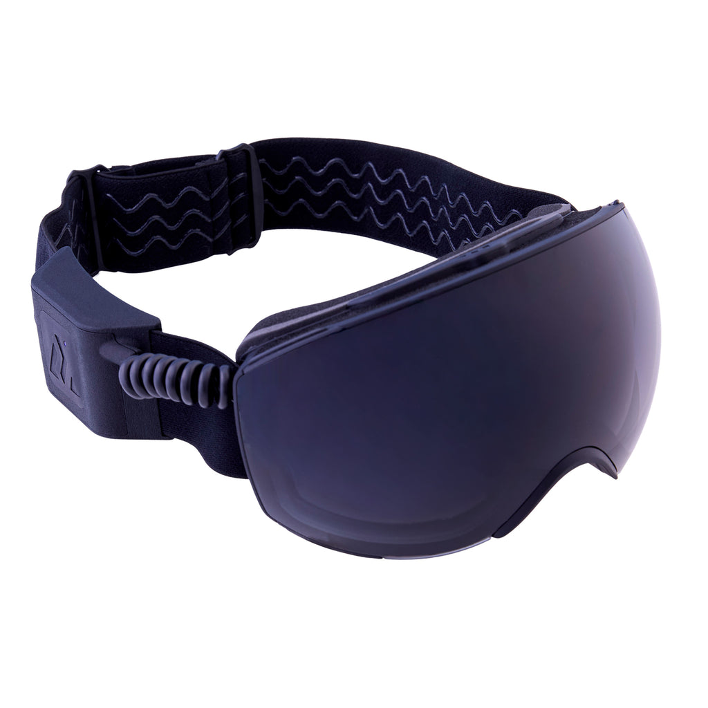 Black electronic heads up display ski goggles with a strap on a white background