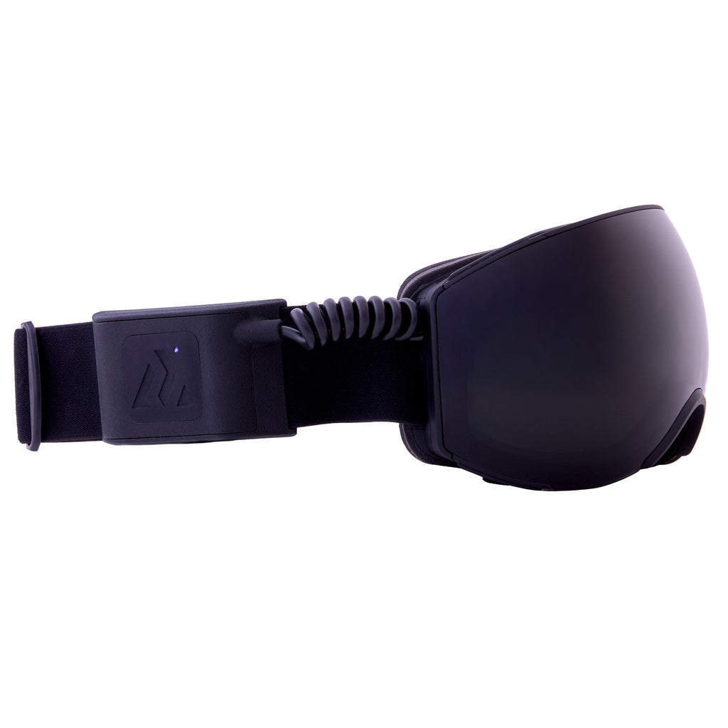 Black ski goggles with a strap on a white background